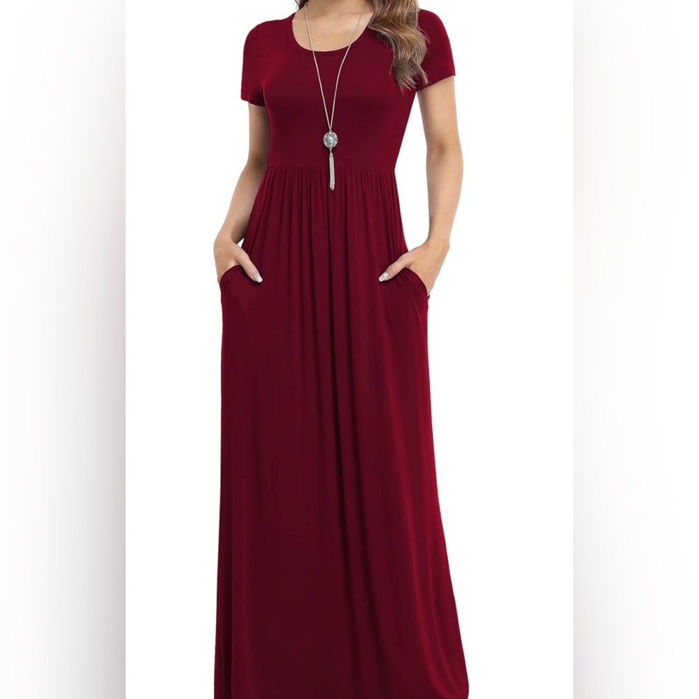 Simple, cotton plus size burgundy dress with pockets. - Picture 2 of 4